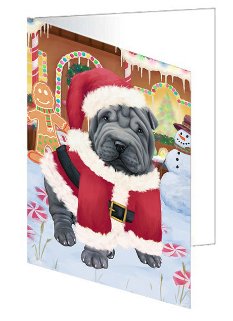 Christmas Gingerbread House Candyfest Shar Pei Dog Handmade Artwork Assorted Pets Greeting Cards and Note Cards with Envelopes for All Occasions and Holiday Seasons GCD74141
