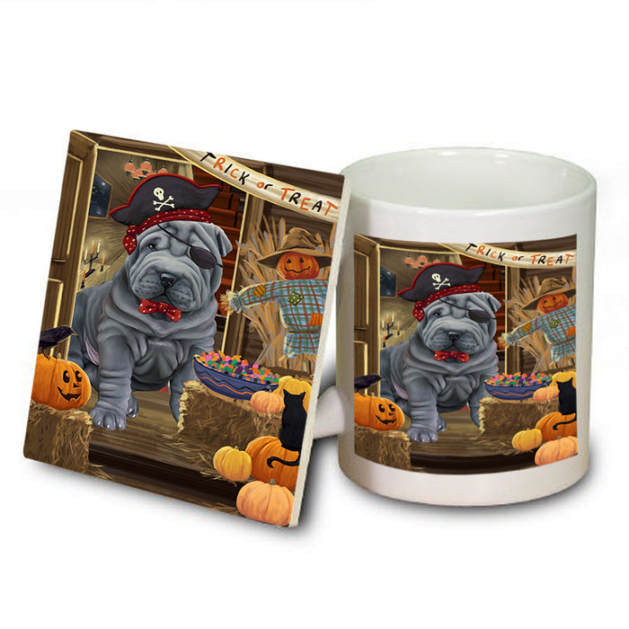 Enter at Own Risk Trick or Treat Halloween Shar Pei Dog Mug and Coaster Set MUC53268