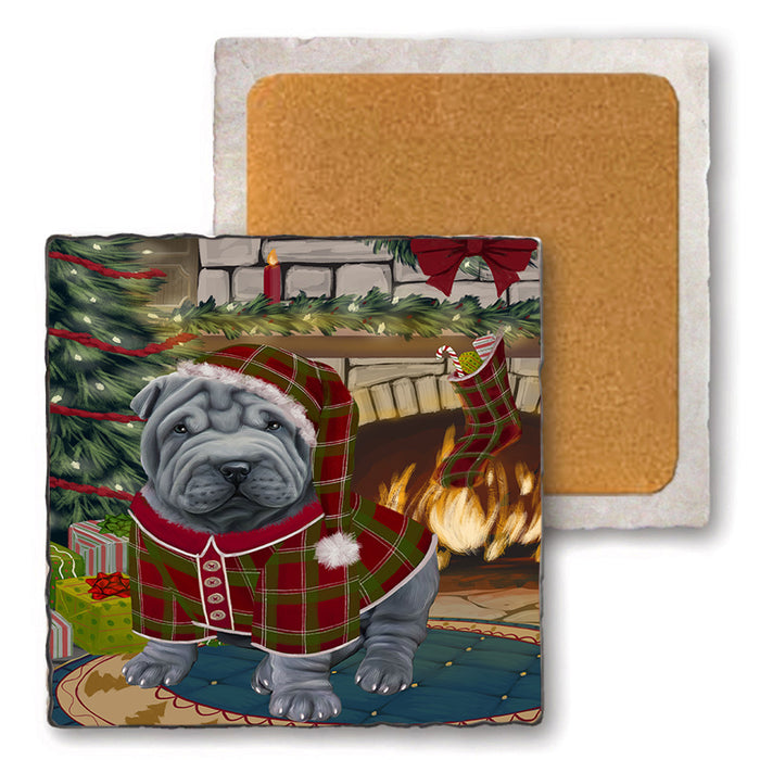 The Stocking was Hung Shar Pei Dog Set of 4 Natural Stone Marble Tile Coasters MCST50609