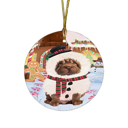 Christmas Gingerbread House Candyfest Shar Pei Dog Round Flat Christmas Ornament RFPOR56899