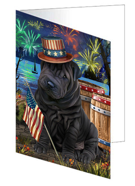 4th of July Independence Day Fireworks Shar Pei Dog at the Lake Handmade Artwork Assorted Pets Greeting Cards and Note Cards with Envelopes for All Occasions and Holiday Seasons GCD57707