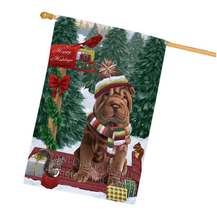 Merry Christmas Woodland Sled Shar Pei Dog House Flag FLG55458