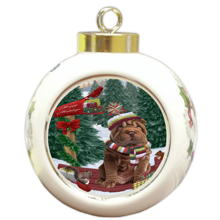 Merry Christmas Woodland Sled Shar Pei Dog Round Ball Christmas Ornament RBPOR55385