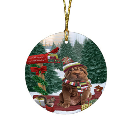 Merry Christmas Woodland Sled Shar Pei Dog Round Flat Christmas Ornament RFPOR55385