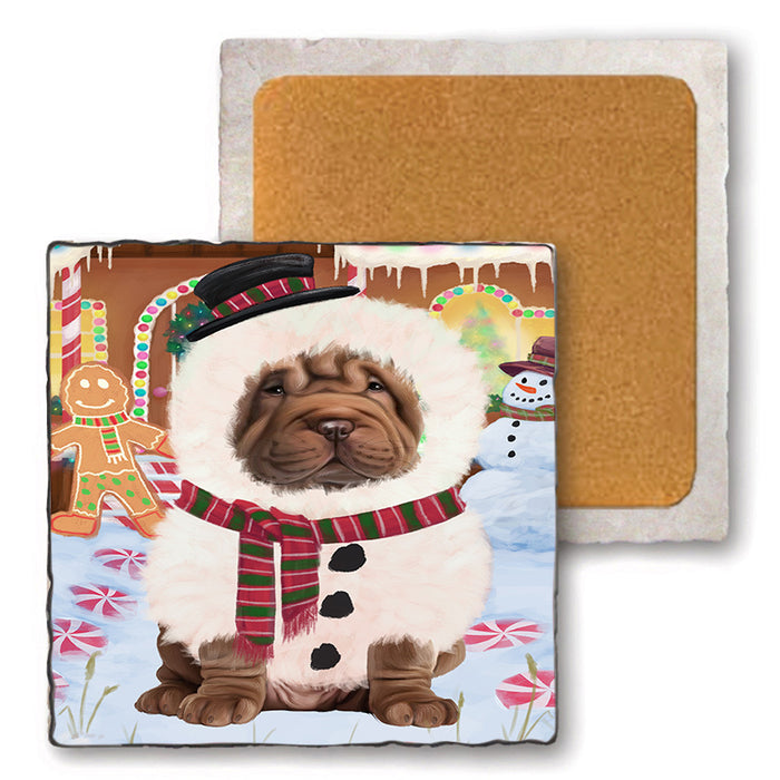 Christmas Gingerbread House Candyfest Shar Pei Dog Set of 4 Natural Stone Marble Tile Coasters MCST51543