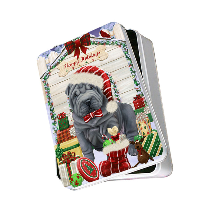Happy Holidays Christmas Shar Pei Dog House With Presents Photo Storage Tin PITN51499
