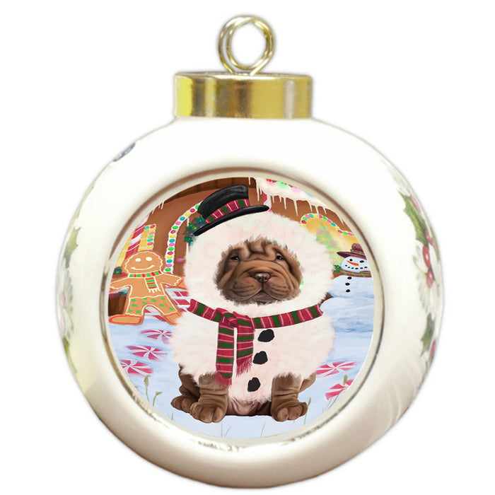 Christmas Gingerbread House Candyfest Shar Pei Dog Round Ball Christmas Ornament RBPOR56899