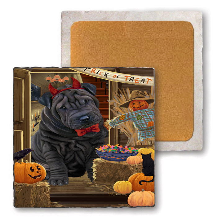 Enter at Own Risk Trick or Treat Halloween Shar Pei Dog Set of 4 Natural Stone Marble Tile Coasters MCST48277
