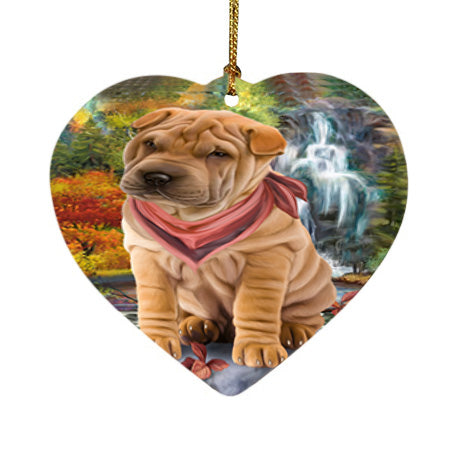 Scenic Waterfall Shar Pei Dog Heart Christmas Ornament HPOR51953