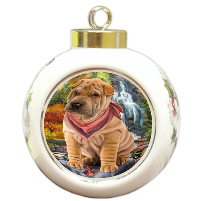 Scenic Waterfall Shar Pei Dog Round Ball Christmas Ornament RBPOR51953