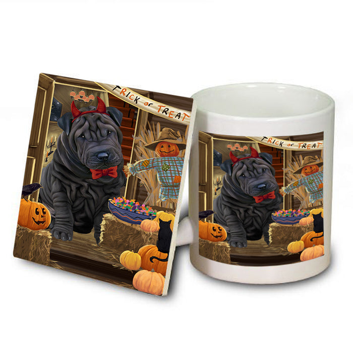 Enter at Own Risk Trick or Treat Halloween Shar Pei Dog Mug and Coaster Set MUC53269