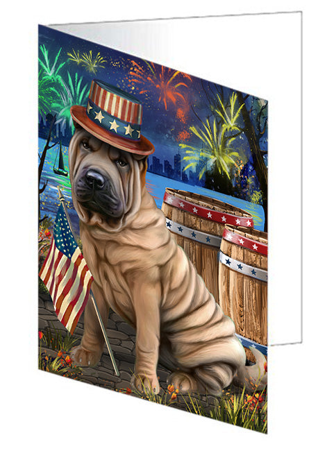 4th of July Independence Day Fireworks Shar Pei Dog at the Lake Handmade Artwork Assorted Pets Greeting Cards and Note Cards with Envelopes for All Occasions and Holiday Seasons GCD57710