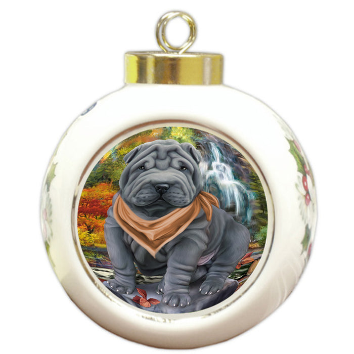 Scenic Waterfall Shar Pei Dog Round Ball Christmas Ornament RBPOR51954