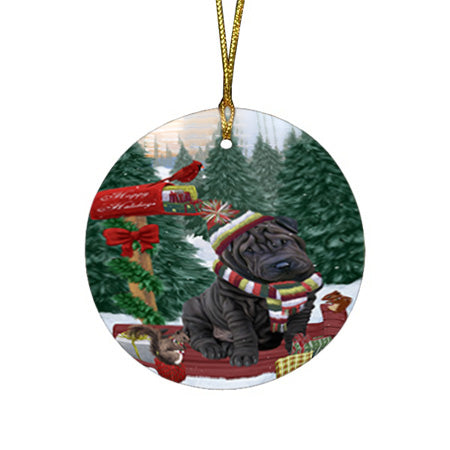 Merry Christmas Woodland Sled Shar Pei Dog Round Flat Christmas Ornament RFPOR55386