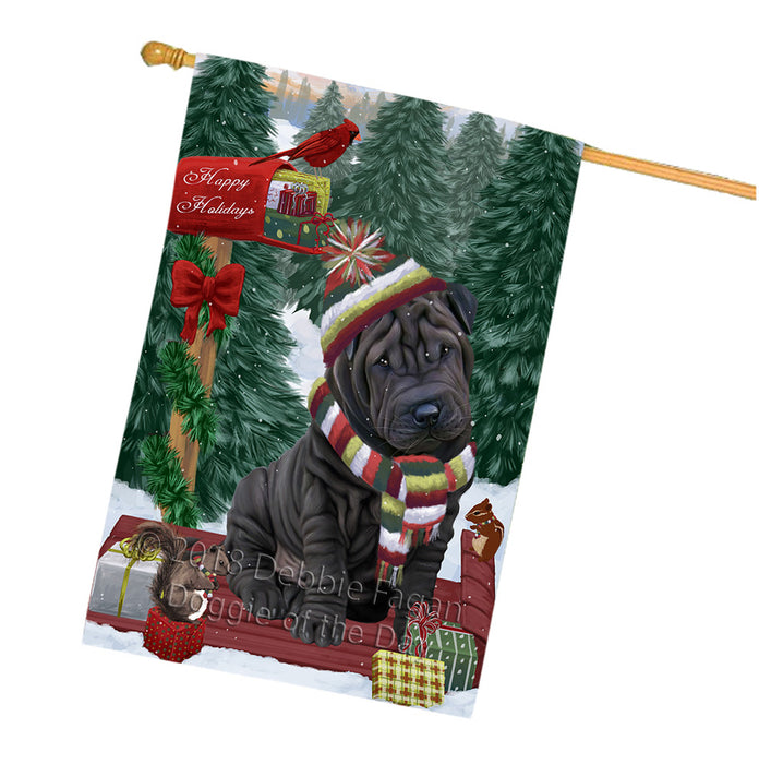 Merry Christmas Woodland Sled Shar Pei Dog House Flag FLG55459