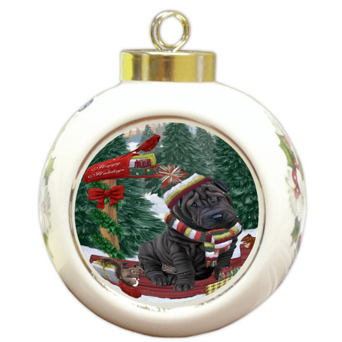 Merry Christmas Woodland Sled Shar Pei Dog Round Ball Christmas Ornament RBPOR55386