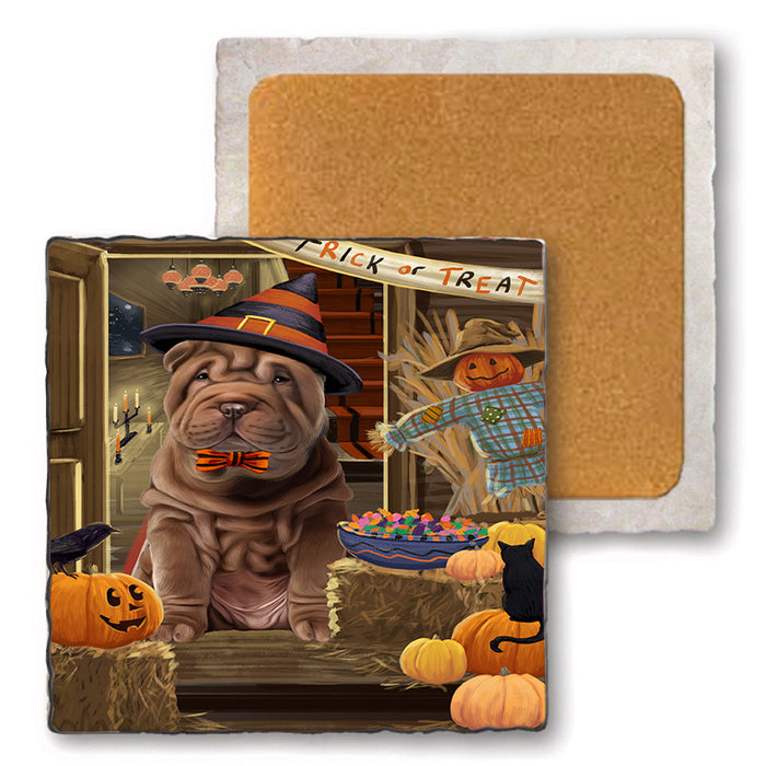 Enter at Own Risk Trick or Treat Halloween Shar Pei Dog Set of 4 Natural Stone Marble Tile Coasters MCST48278