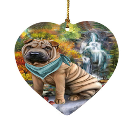 Scenic Waterfall Shar Pei Dog Heart Christmas Ornament HPOR51955