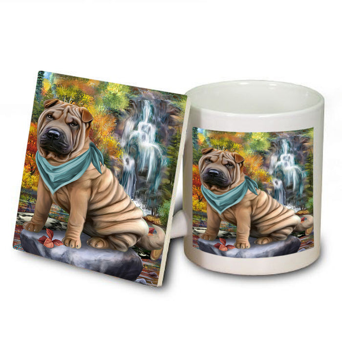 Scenic Waterfall Shar Pei Dog Mug and Coaster Set MUC51947