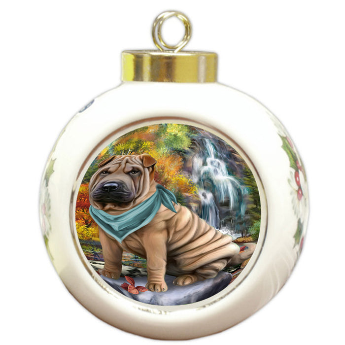 Scenic Waterfall Shar Pei Dog Round Ball Christmas Ornament RBPOR51955