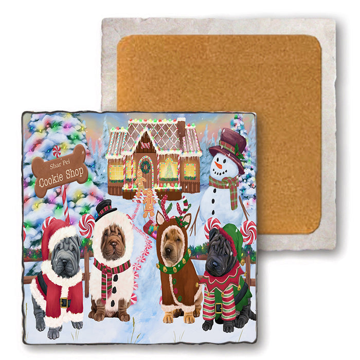Holiday Gingerbread Cookie Shop Shar Peis Dog Set of 4 Natural Stone Marble Tile Coasters MCST51618