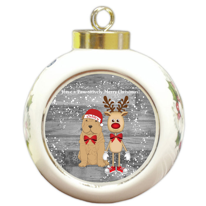 Custom Personalized Shar Pei Dog Reindeer and Pooch Christmas Round Ball Ornament