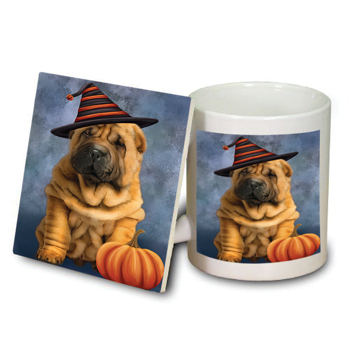 Happy Halloween Shar Pei Dog Wearing Witch Hat with Pumpkin Mug and Coaster Set MUC54798