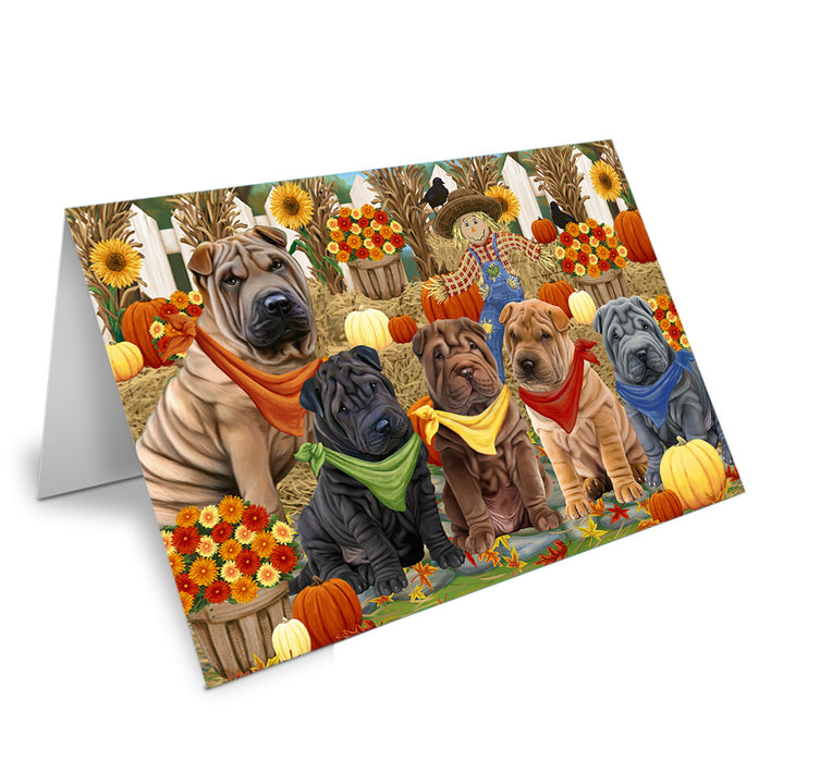 Fall Festive Gathering Shar Peis Dog with Pumpkins Handmade Artwork Assorted Pets Greeting Cards and Note Cards with Envelopes for All Occasions and Holiday Seasons GCD56438