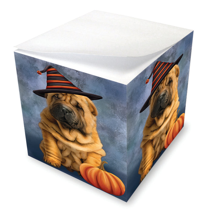 Happy Halloween Shar Pei Dog Wearing Witch Hat with Pumpkin Note Cube NOC56452