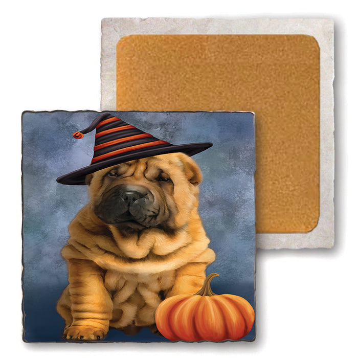 Happy Halloween Shar Pei Dog Wearing Witch Hat with Pumpkin Set of 4 Natural Stone Marble Tile Coasters MCST49806
