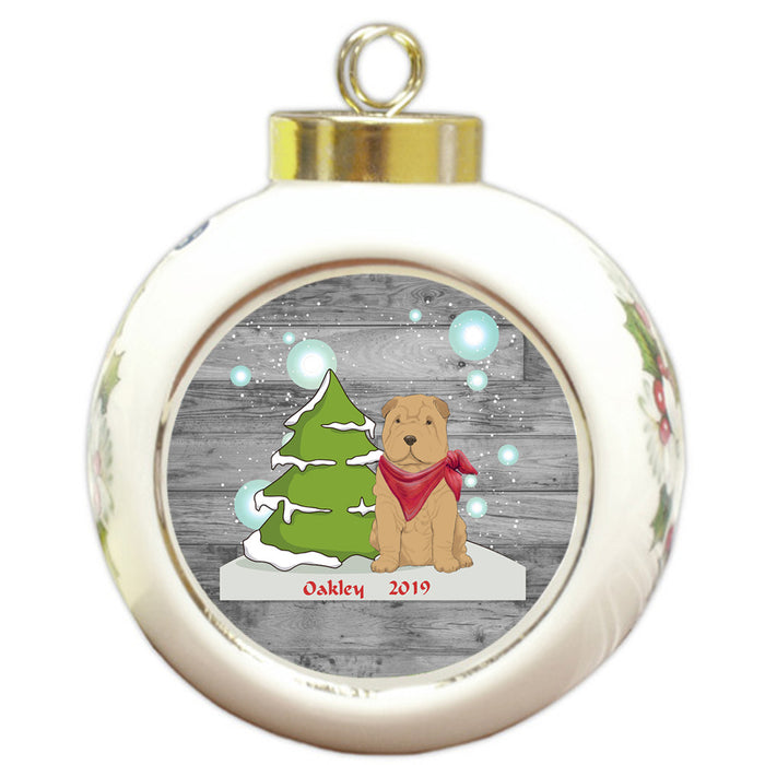 Custom Personalized Winter Scenic Tree and Presents Shar Pei Dog Christmas Round Ball Ornament
