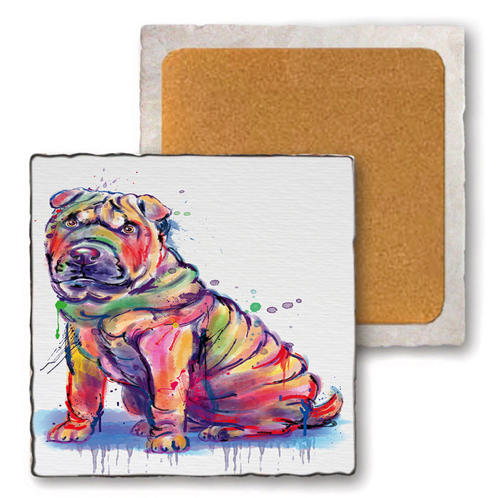 Watercolor Shar Pei Dog Set of 4 Natural Stone Marble Tile Coasters MCST52103