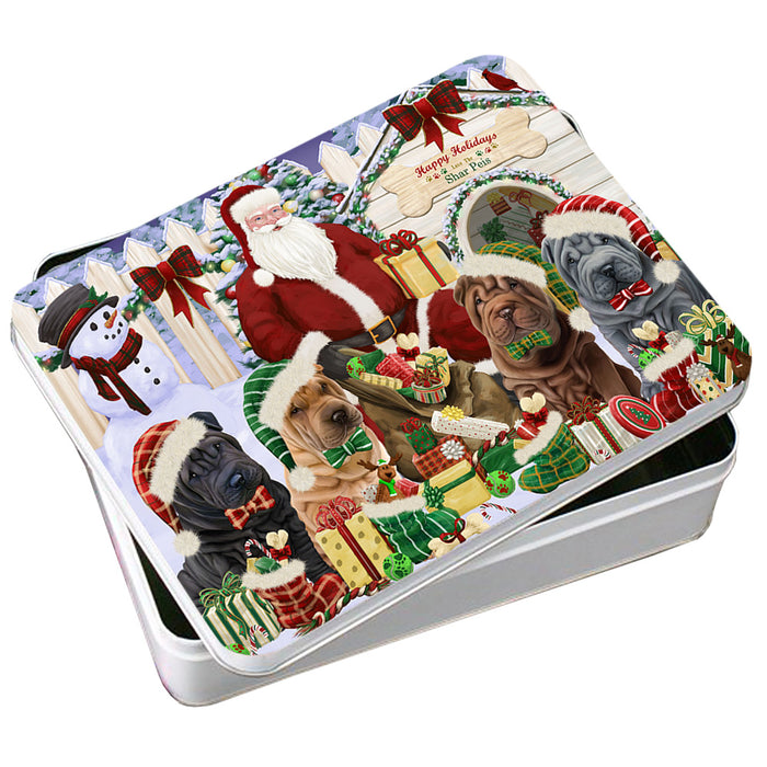 Happy Holidays Christmas Shar Peis Dog House Gathering Photo Storage Tin PITN51464