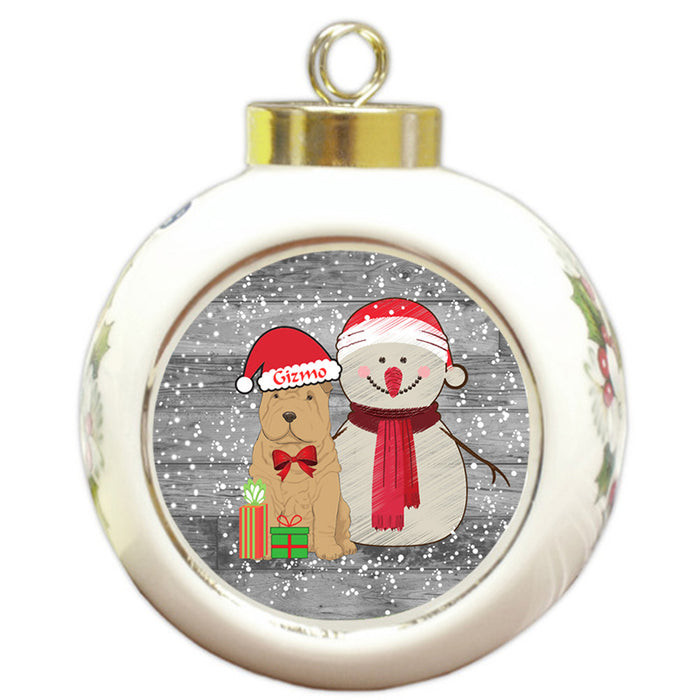 Custom Personalized Snowy Snowman and Shar Pei Dog Christmas Round Ball Ornament