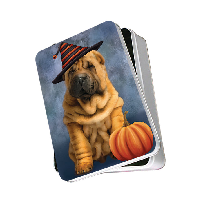 Happy Halloween Shar Pei Dog Wearing Witch Hat with Pumpkin Photo Storage Tin PITN54749