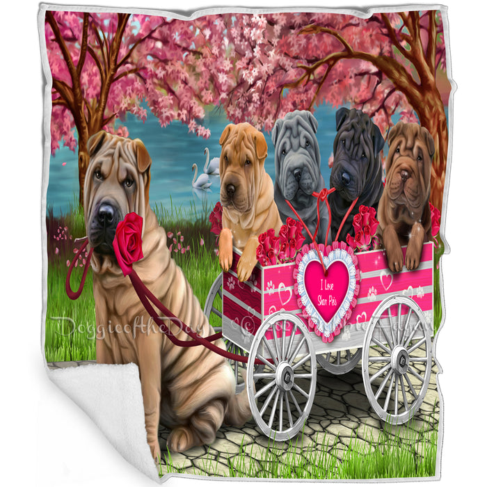 I Love Shar Pei Dogs in a Cart Art Portrait Print Woven Throw Sherpa Plush Fleece Blanket