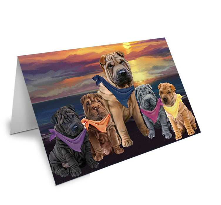 Family Sunset Portrait Shar Peis Dog Handmade Artwork Assorted Pets Greeting Cards and Note Cards with Envelopes for All Occasions and Holiday Seasons GCD54866