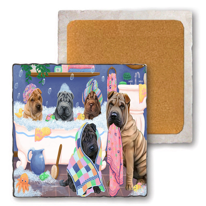Rub A Dub Dogs In A Tub Shar Peis Dog Set of 4 Natural Stone Marble Tile Coasters MCST51821