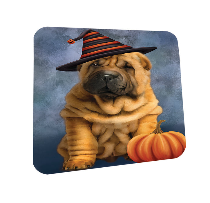 Happy Halloween Shar Pei Dog Wearing Witch Hat with Pumpkin Coasters Set of 4 CST54764