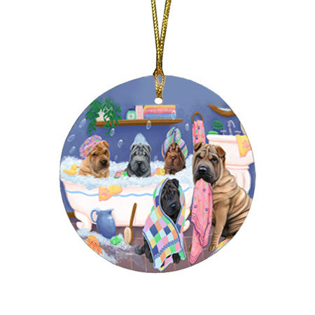 Rub A Dub Dogs In A Tub Shar Peis Dog Round Flat Christmas Ornament RFPOR57177