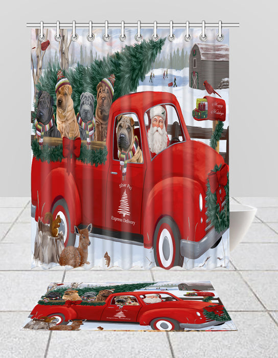 Christmas Santa Express Delivery Red Truck Shar Pei Dogs Bath Mat and Shower Curtain Combo
