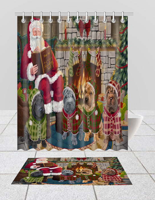 Christmas Cozy Holiday Fire Tails Shar Pei Dogs Bath Mat and Shower Curtain Combo