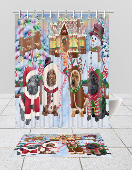 Holiday Gingerbread Cookie Shar Pei Dogs  Bath Mat and Shower Curtain Combo
