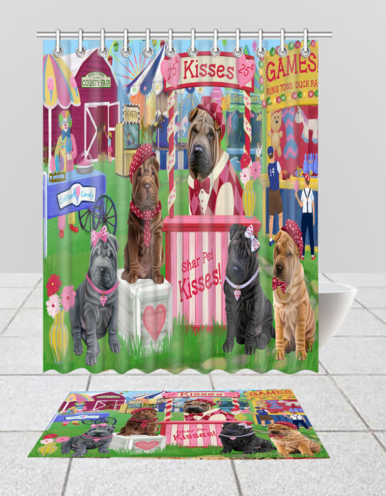 Carnival Kissing Booth Shar Pei Dogs  Bath Mat and Shower Curtain Combo