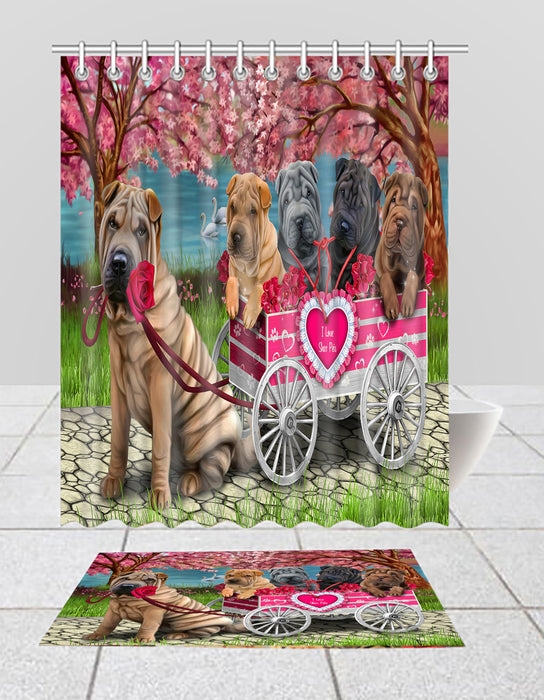 I Love Shar Pei Dogs in a Cart Bath Mat and Shower Curtain Combo