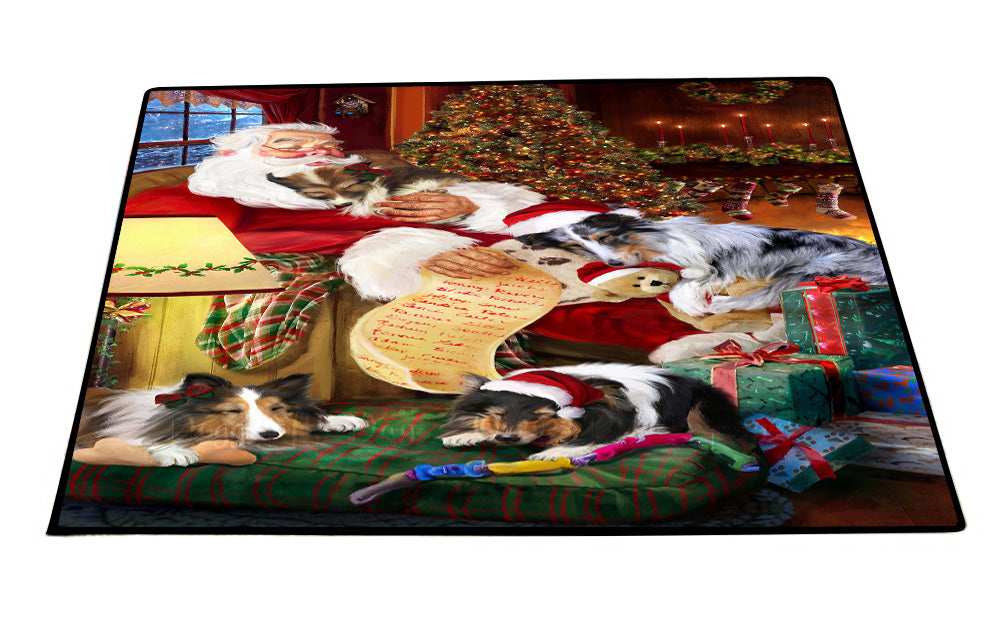 Santa Sleeping with Sheltie Dogs Floor Mat- Anti-Slip Pet Door Mat Indoor Outdoor Front Rug Mats for Home Outside Entrance Pets Portrait Unique Rug Washable Premium Quality Mat