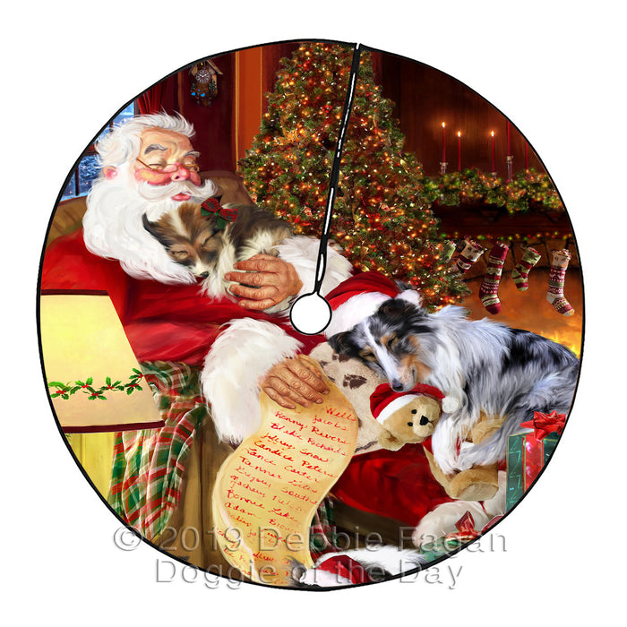 Santa Sleeping with Sheltie Dogs Christmas Tree Skirt