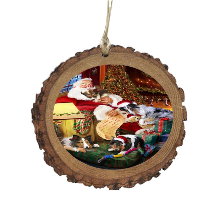 Shelties Dog and Puppies Sleeping with Santa Wooden Christmas Ornament WOR49317