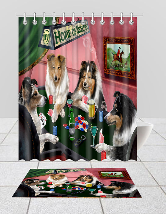 Home of  Sheltie Dogs Playing Poker Bath Mat and Shower Curtain Combo