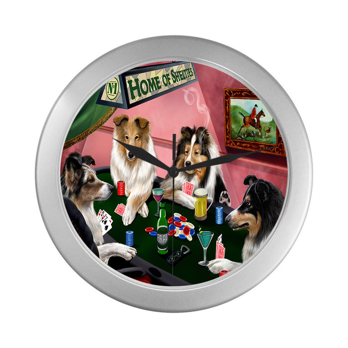 Home of Sheltie Dogs Playing Poker Silver Wall Clocks